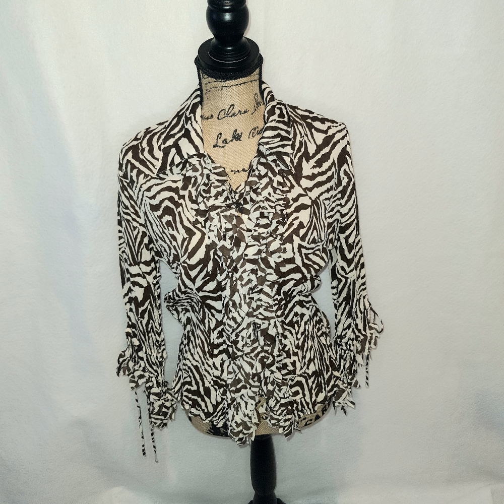 Lloyd Williams Women's Designer Ruffled Blouse Small Brown Button Closure - Picture 1 of 11